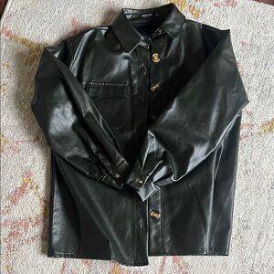 Nasty Gal Oversized Dark Green Faux Leather Shirt Jacket with Tortise Buttons